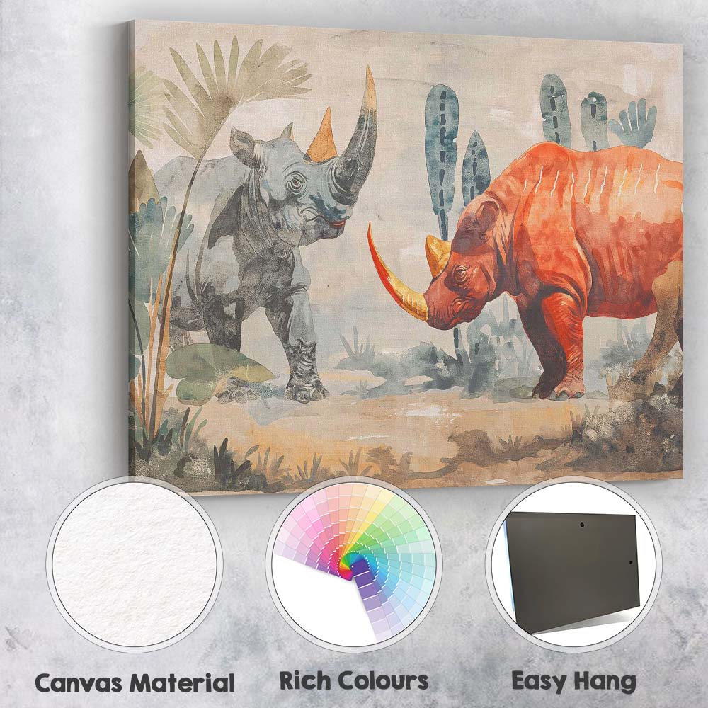 Watercolour African Rhinoceros Safari Wildlife Painting Canvas Wall Art Print Decor Picture Ready to Hang