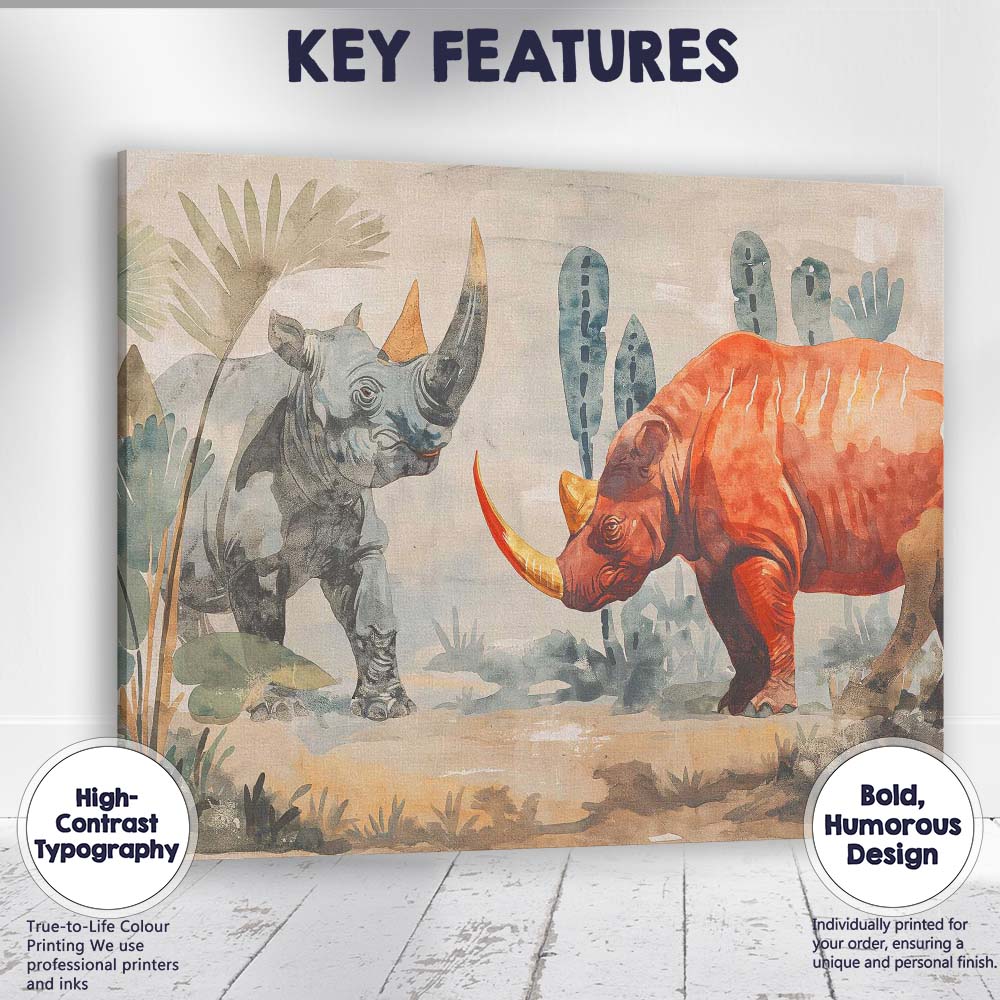 Watercolour African Rhinoceros Safari Wildlife Painting Canvas Wall Art Print Decor Picture Ready to Hang
