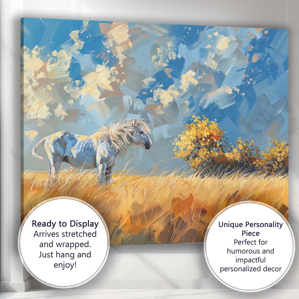 Contemporary White Horse Golden Meadow Landscape Canvas Wall Art Print Decor Picture Ready to Hang