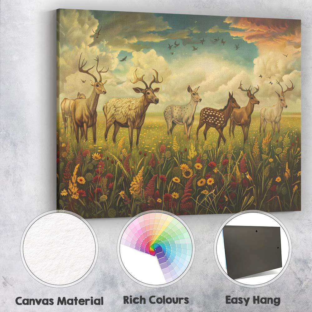 Peaceful Deer Herd Wildflower Meadow Landscape Canvas Wall Art Print Decor Picture Ready to Hang