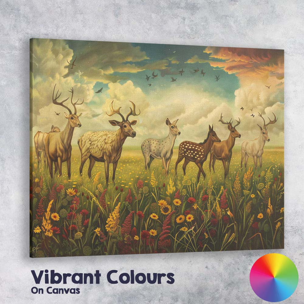 Peaceful Deer Herd Wildflower Meadow Landscape Canvas Wall Art Print Decor Picture Ready to Hang
