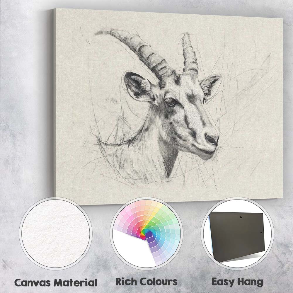 Detailed Pencil Sketch Mountain Ibex Portrait Canvas Wall Art Print Decor Picture Ready to Hang