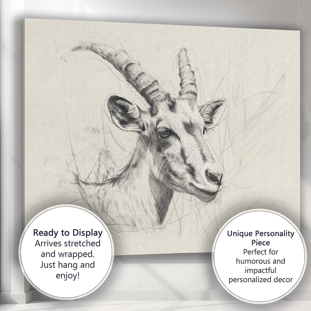 Detailed Pencil Sketch Mountain Ibex Portrait Canvas Wall Art Print Decor Picture Ready to Hang