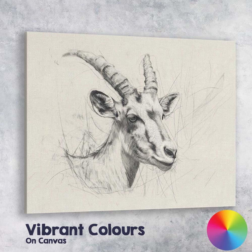 Detailed Pencil Sketch Mountain Ibex Portrait Canvas Wall Art Print Decor Picture Ready to Hang
