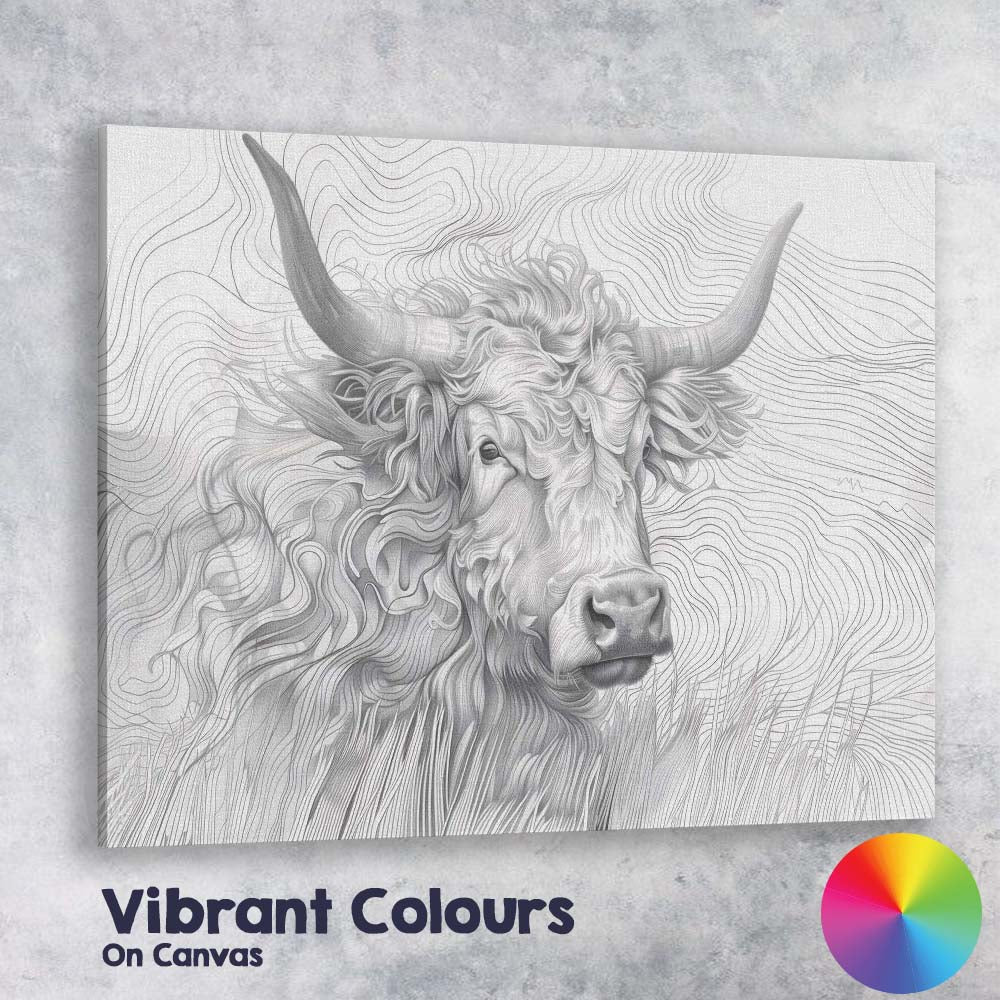 Highland Cow Portrait Fine Line Illustration Canvas Wall Art Print Decor Picture Ready to Hang