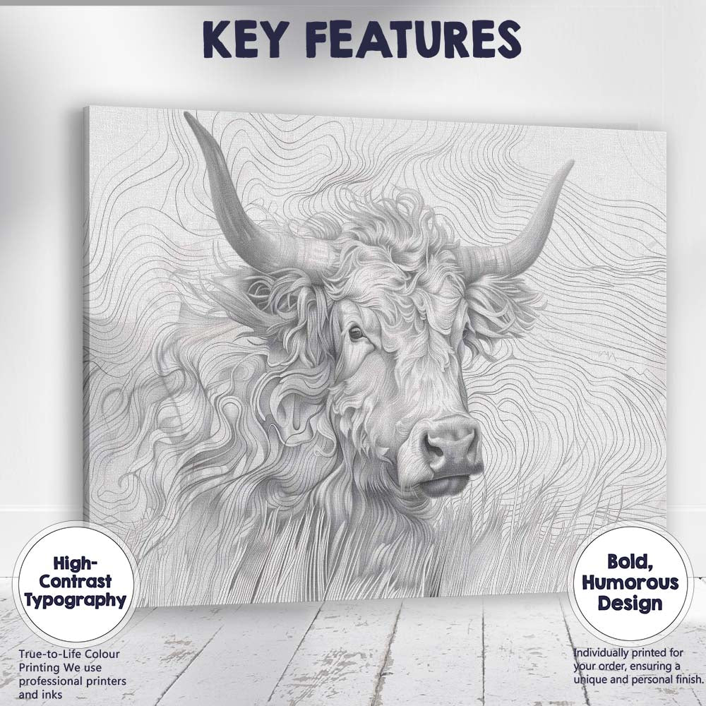 Highland Cow Portrait Fine Line Illustration Canvas Wall Art Print Decor Picture Ready to Hang