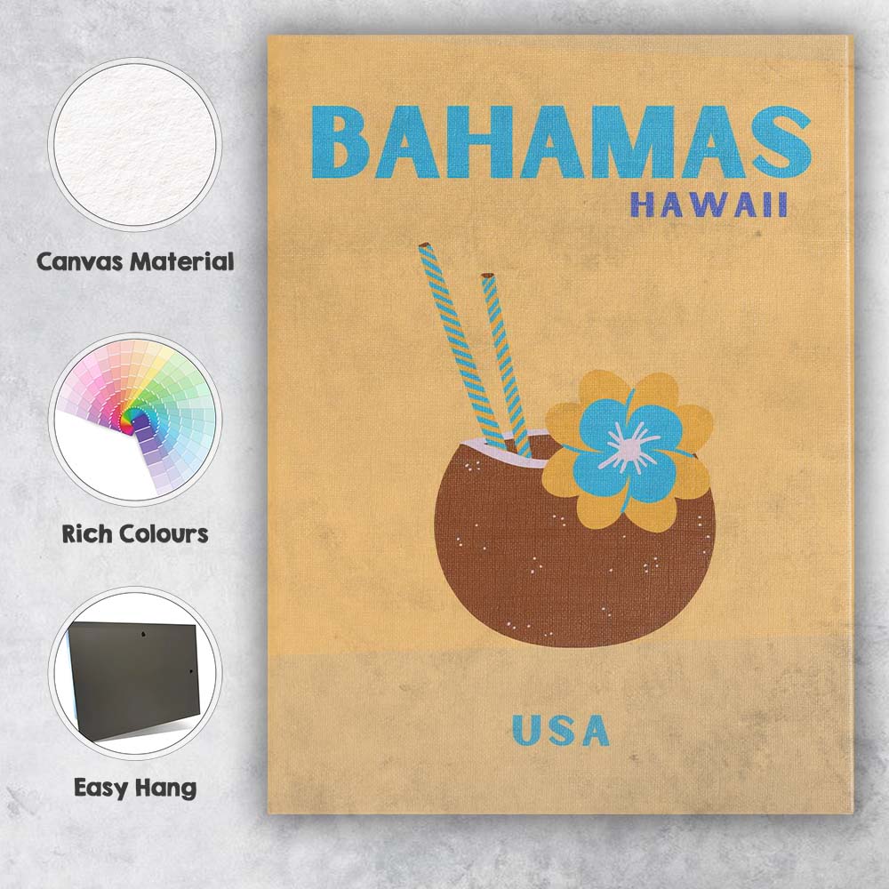 Minimalist Bahamas Hawaii Coconut Cocktail Travel Poster Canvas Wall Art Print Decor Picture Ready to Hang