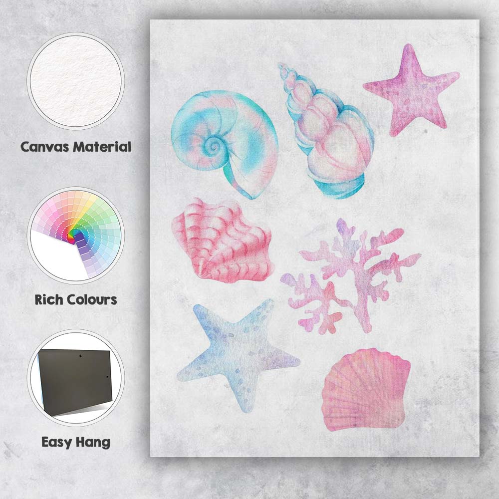 Pastel Watercolour Seashell Starfish Coral Collection Canvas Wall Art Print Decor Picture Ready to Hang