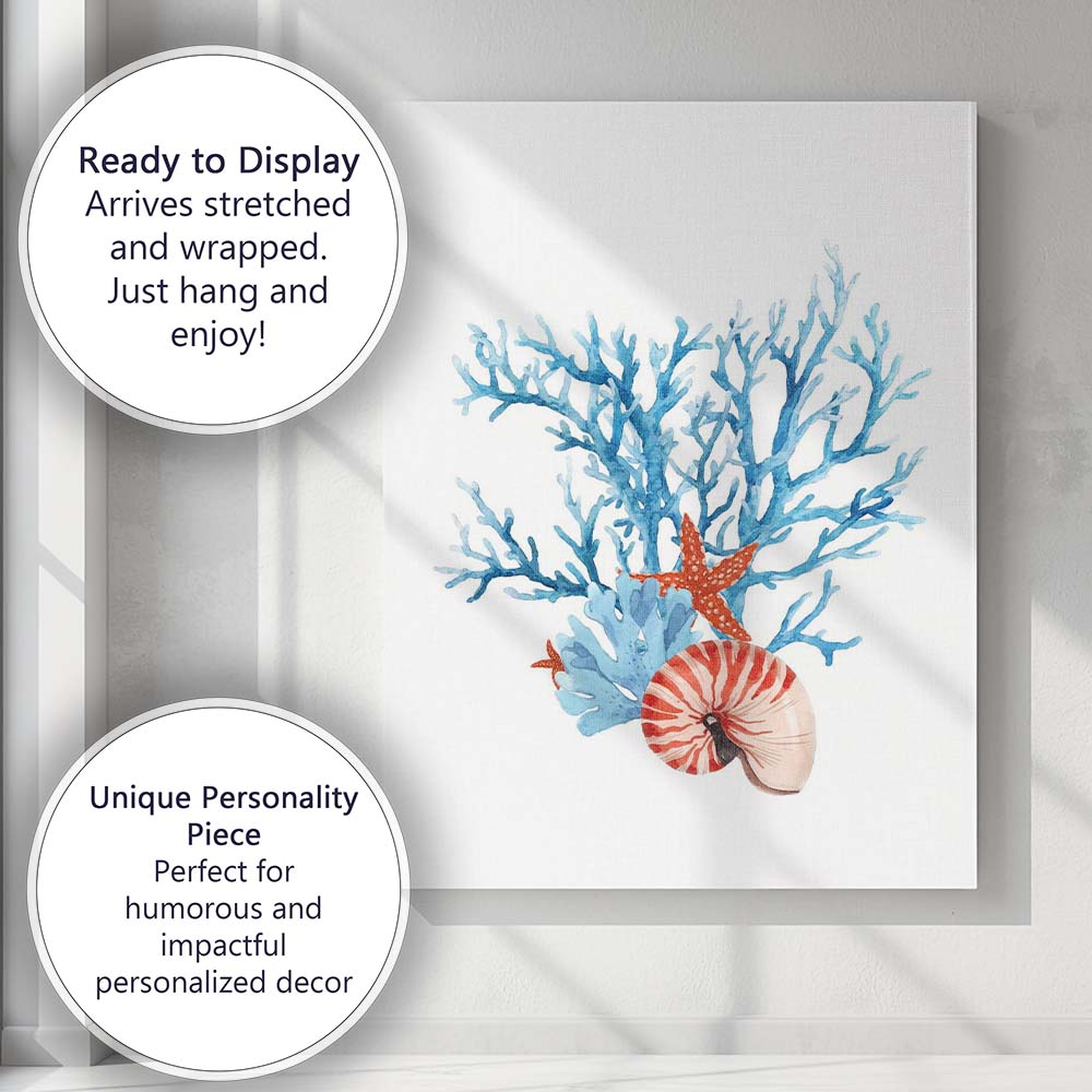 Blue Coral Reef Nautilus Shell Coastal Watercolour Canvas Wall Art Print Decor Picture Ready to Hang