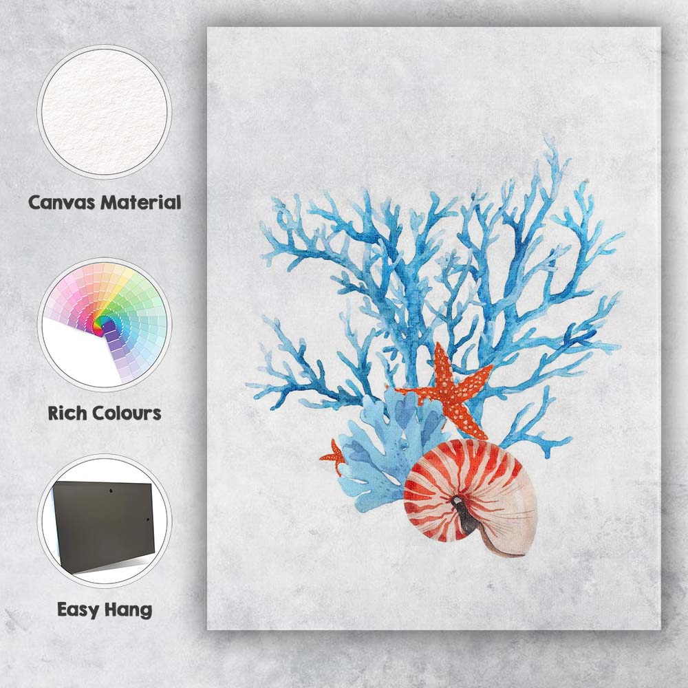 Blue Coral Reef Nautilus Shell Coastal Watercolour Canvas Wall Art Print Decor Picture Ready to Hang