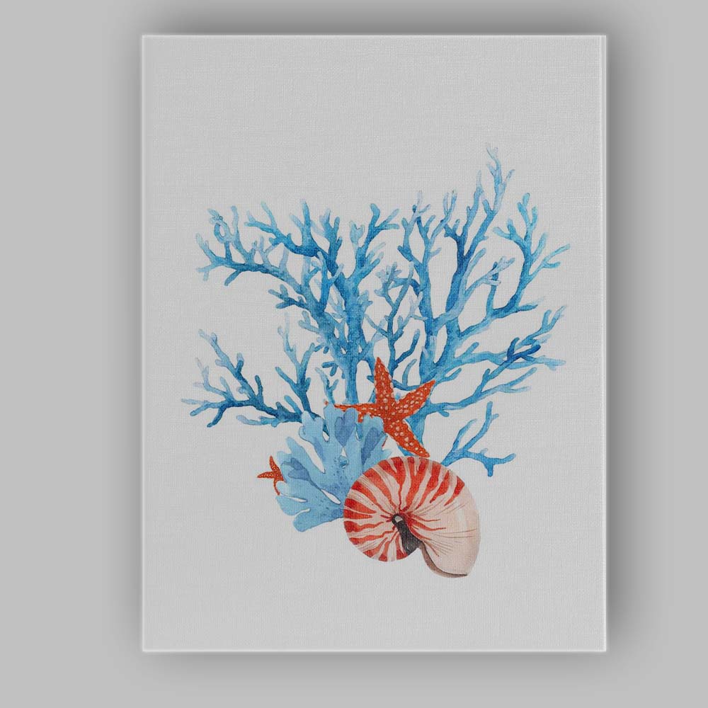 Blue Coral Reef Nautilus Shell Coastal Watercolour Canvas Wall Art Print Decor Picture Ready to Hang