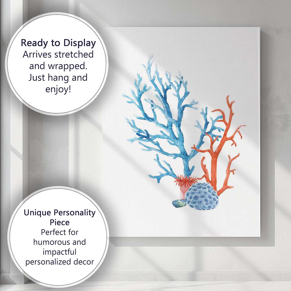 Blue and Coral Watercolour Reef Marine Botanical Canvas Wall Art Print Decor Picture Ready to Hang