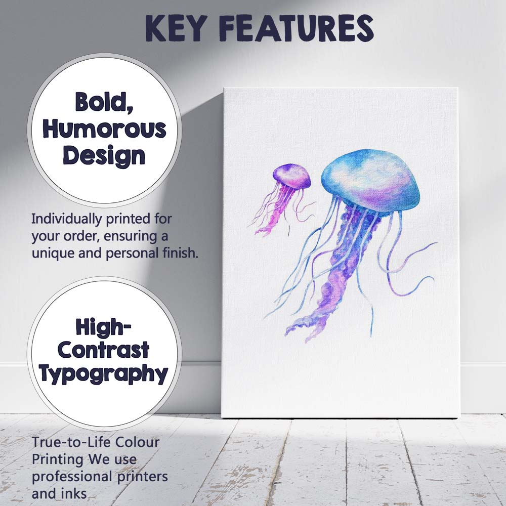 Purple Blue Watercolour Jellyfish Ocean Marine Illustration Canvas Wall Art Print Decor Picture Ready to Hang