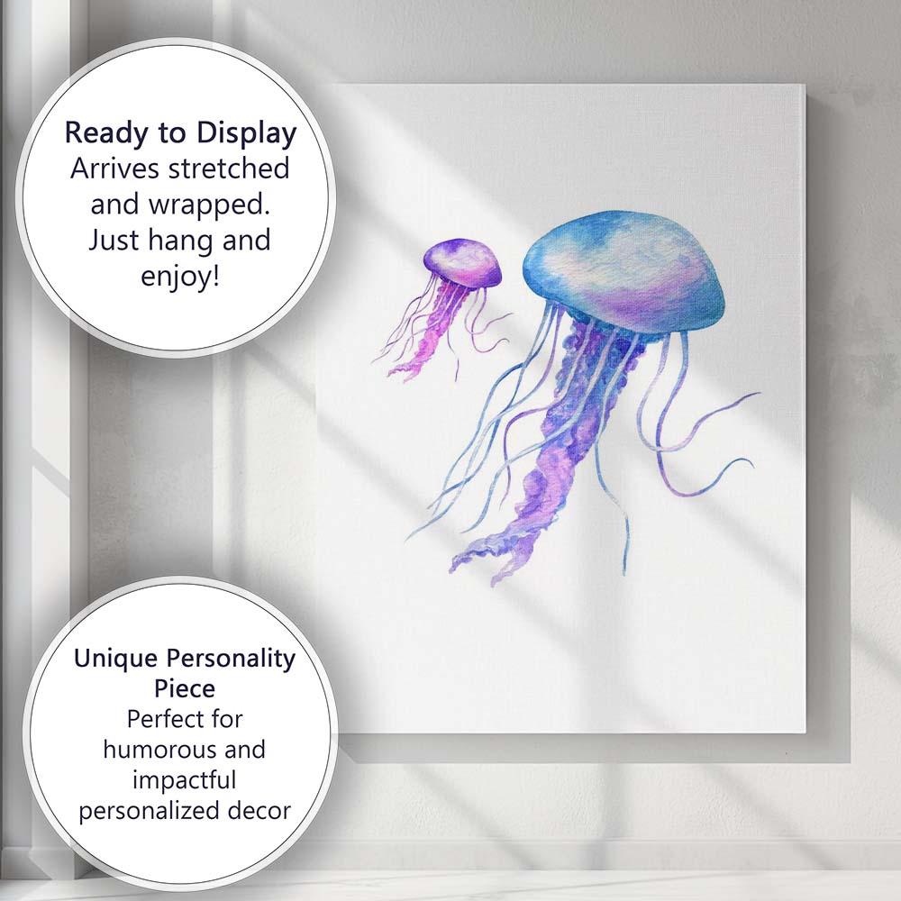 Purple Blue Watercolour Jellyfish Ocean Marine Illustration Canvas Wall Art Print Decor Picture Ready to Hang