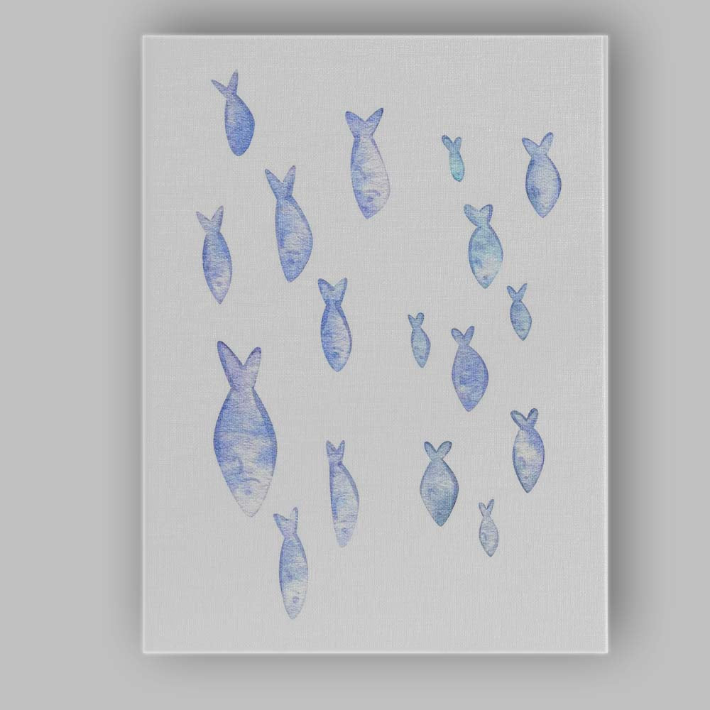 Pastel Blue Watercolour Shoal of Fish Coastal Illustration Canvas Wall Art Print Decor Picture Ready to Hang