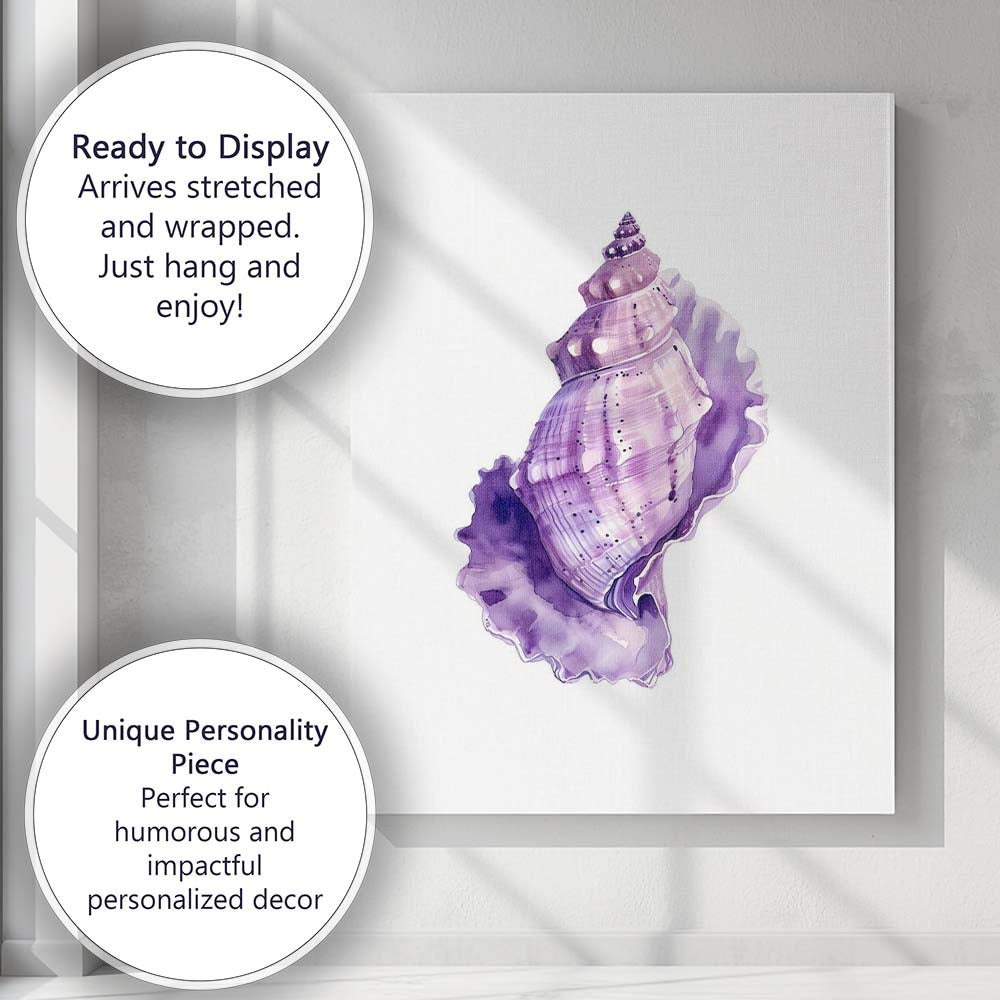 Elegant Purple Watercolour Conch Shell Coastal Illustration Canvas Wall Art Print Decor Picture Ready to Hang