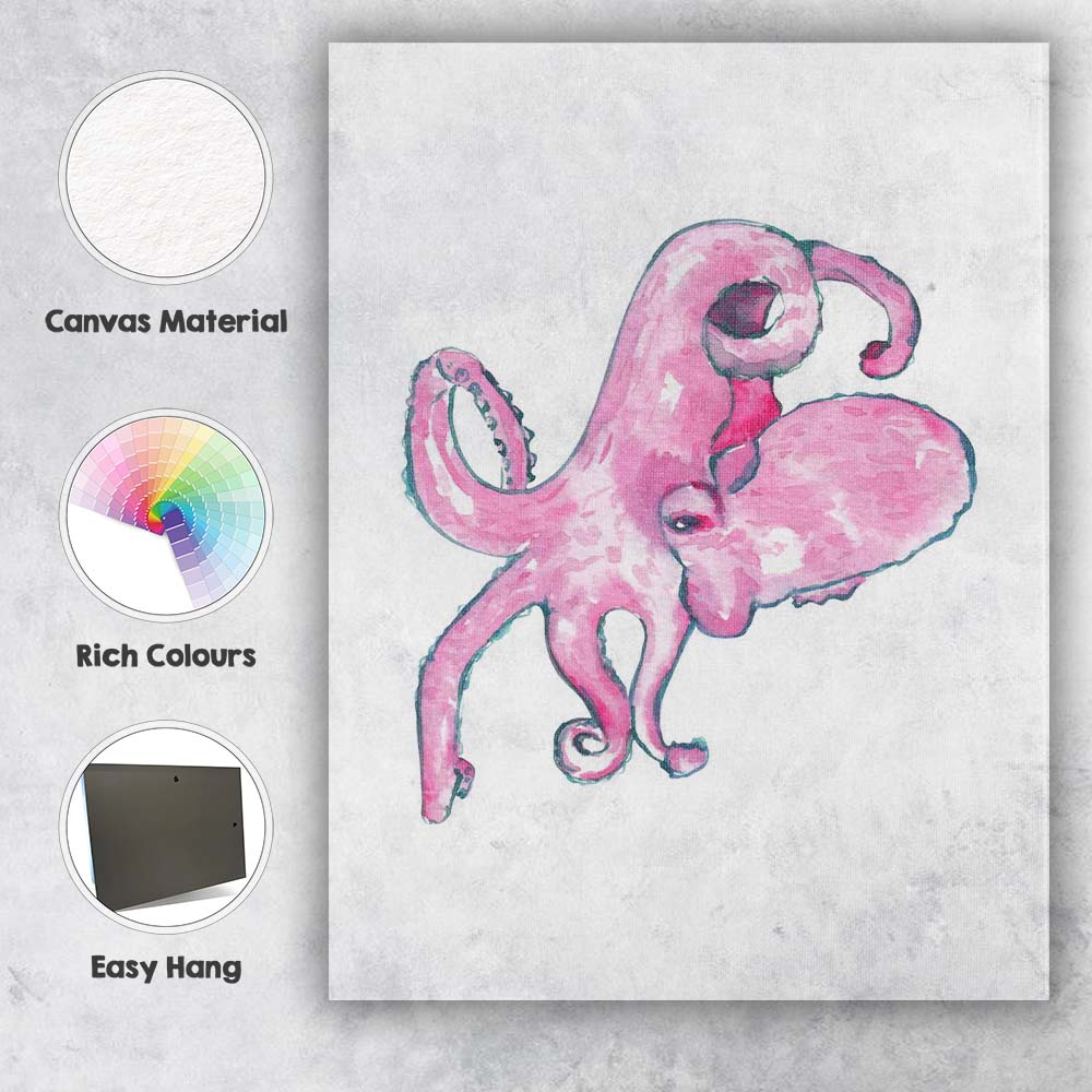 Pink Watercolour Octopus Marine Life Illustration Canvas Wall Art Print Decor Picture Ready to Hang