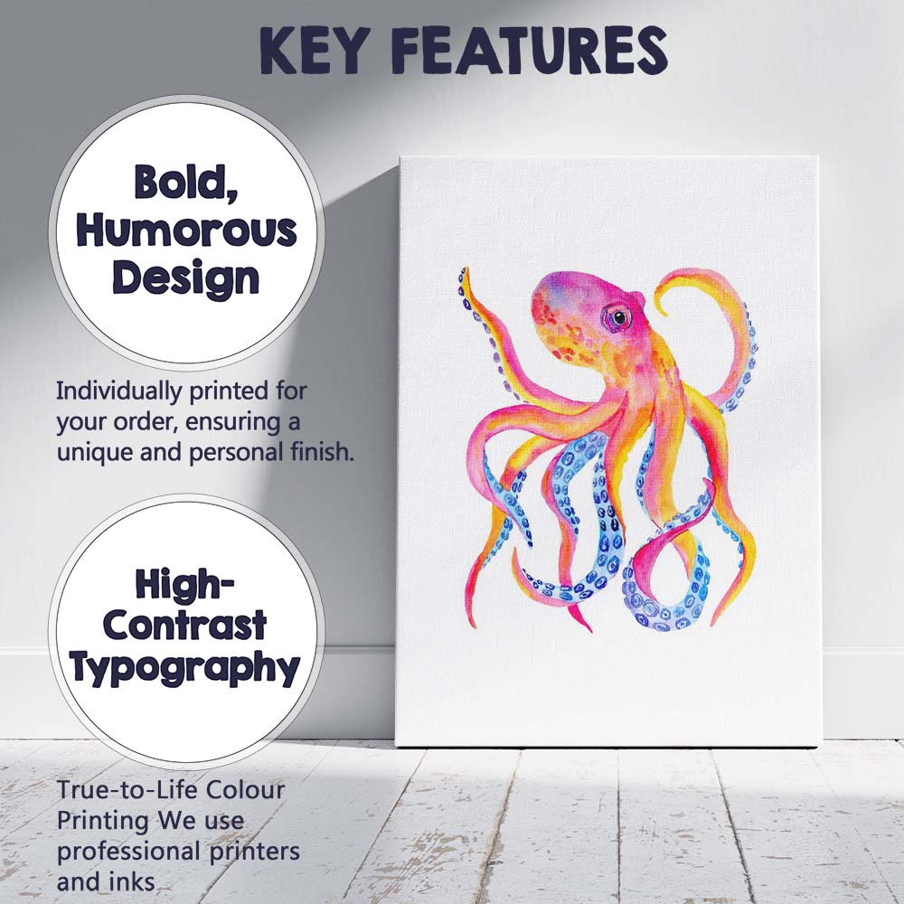 Vibrant Pink Orange Watercolour Octopus Marine Animal Canvas Wall Art Print Decor Picture Ready to Hang