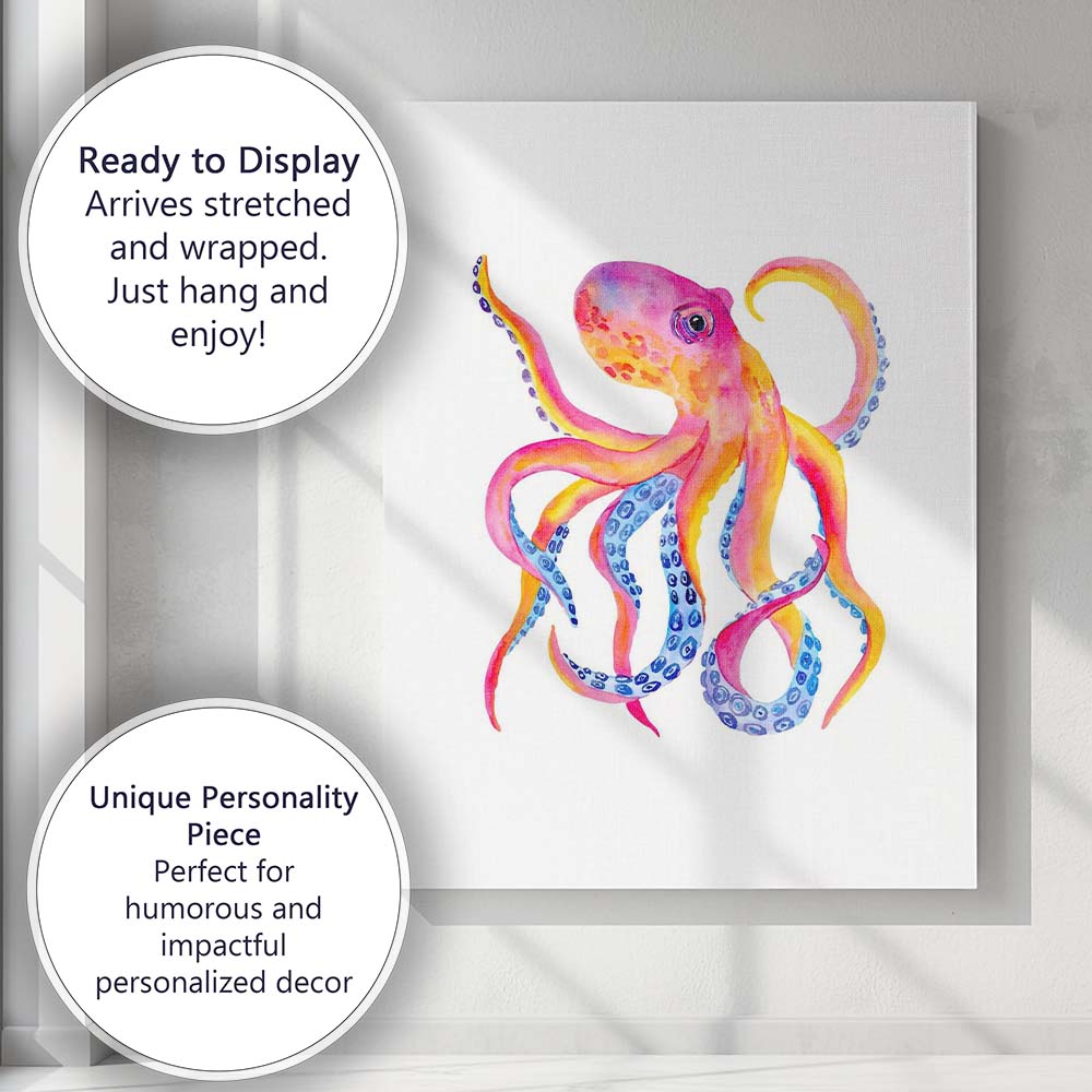 Vibrant Pink Orange Watercolour Octopus Marine Animal Canvas Wall Art Print Decor Picture Ready to Hang