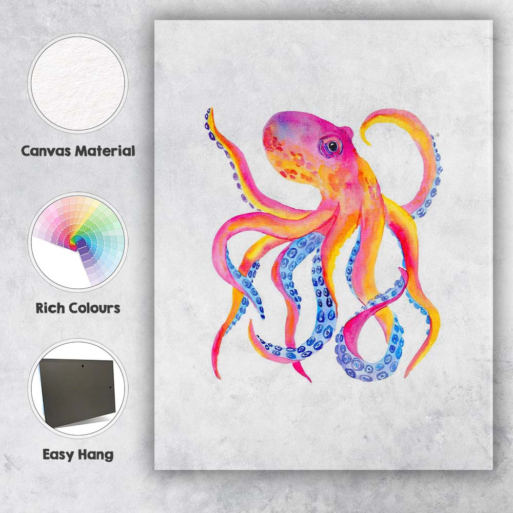 Vibrant Pink Orange Watercolour Octopus Marine Animal Canvas Wall Art Print Decor Picture Ready to Hang