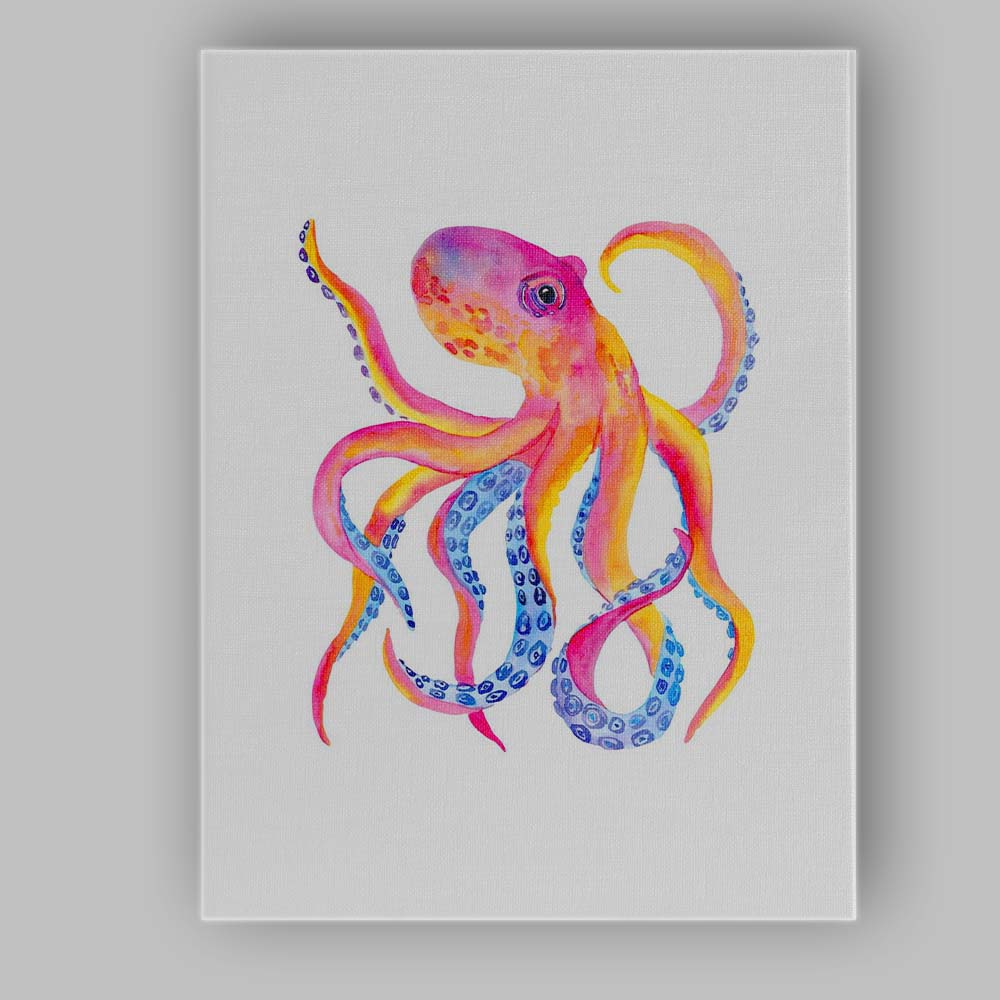 Vibrant Pink Orange Watercolour Octopus Marine Animal Canvas Wall Art Print Decor Picture Ready to Hang