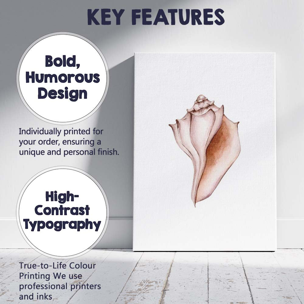 Neutral Beige Watercolour Conch Seashell Coastal Illustration Canvas Wall Art Print Decor Picture Ready to Hang