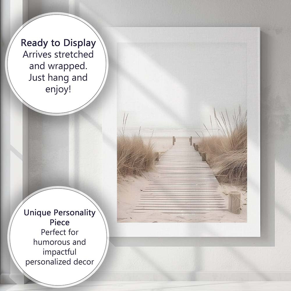 Neutral Coastal Boardwalk Through Sand Dunes Photography Canvas Wall Art Print Decor Picture Ready to Hang