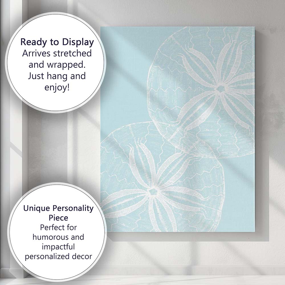Coastal Sand Dollar Seashell Sketch on Soft Blue Background Canvas Wall Art Print Decor Picture Ready to Hang