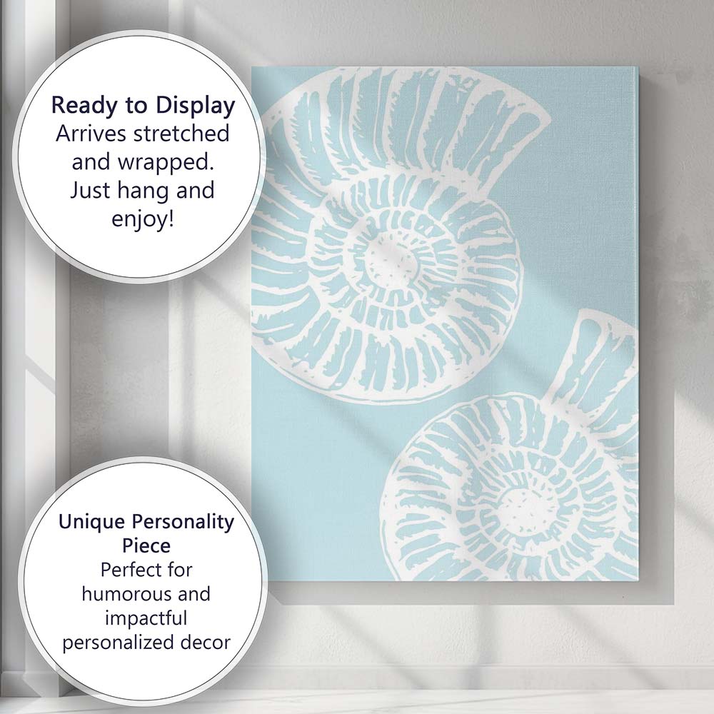 Minimalist White Nautilus Seashell Illustration on Soft Blue Background Canvas Wall Art Print Decor Picture Ready to Hang