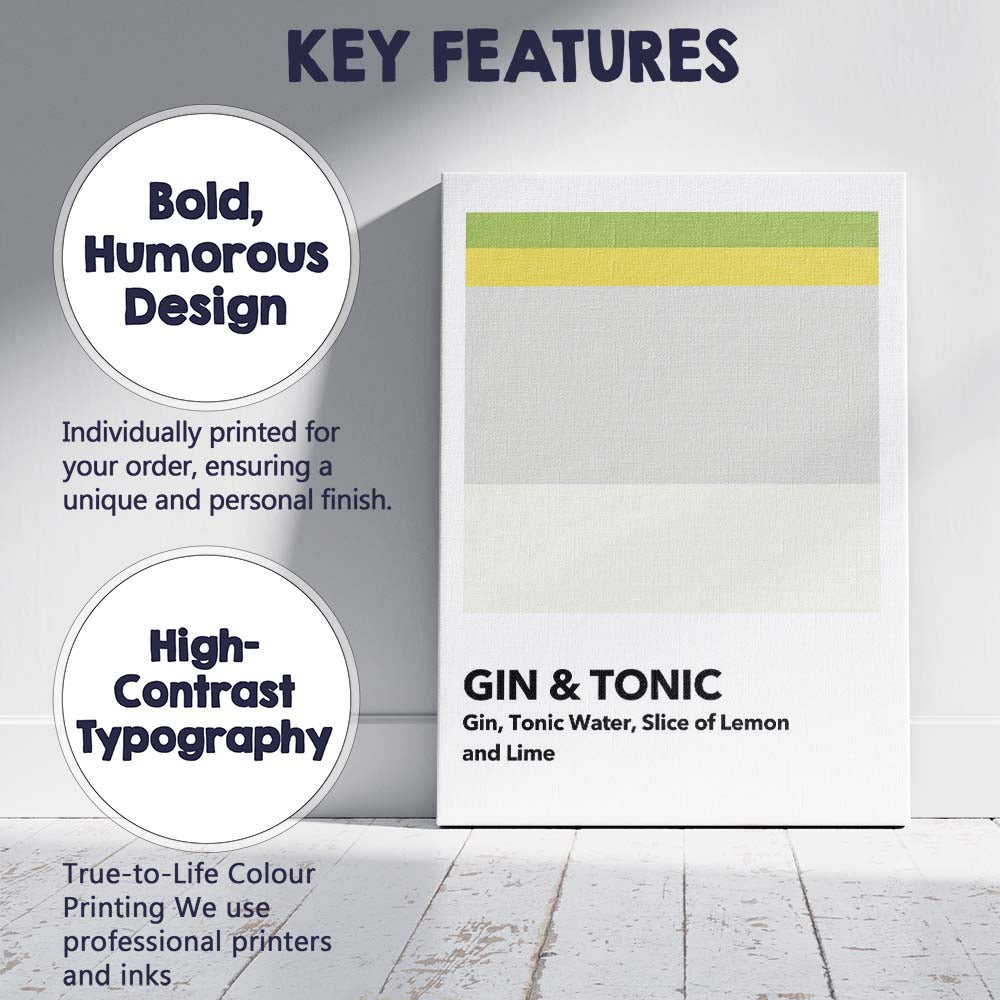 Modern Gin And Tonic Cocktail Recipe Colour Block Kitchen Print Canvas Wall Art Print Decor Picture Ready to Hang