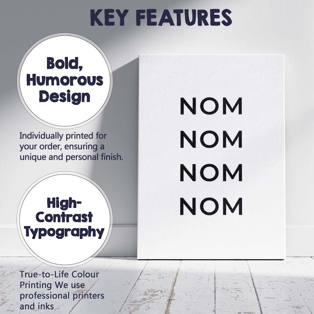 Minimalist Nom Nom Nom Typography Kitchen Quote Canvas Wall Art Print Decor Picture Ready to Hang