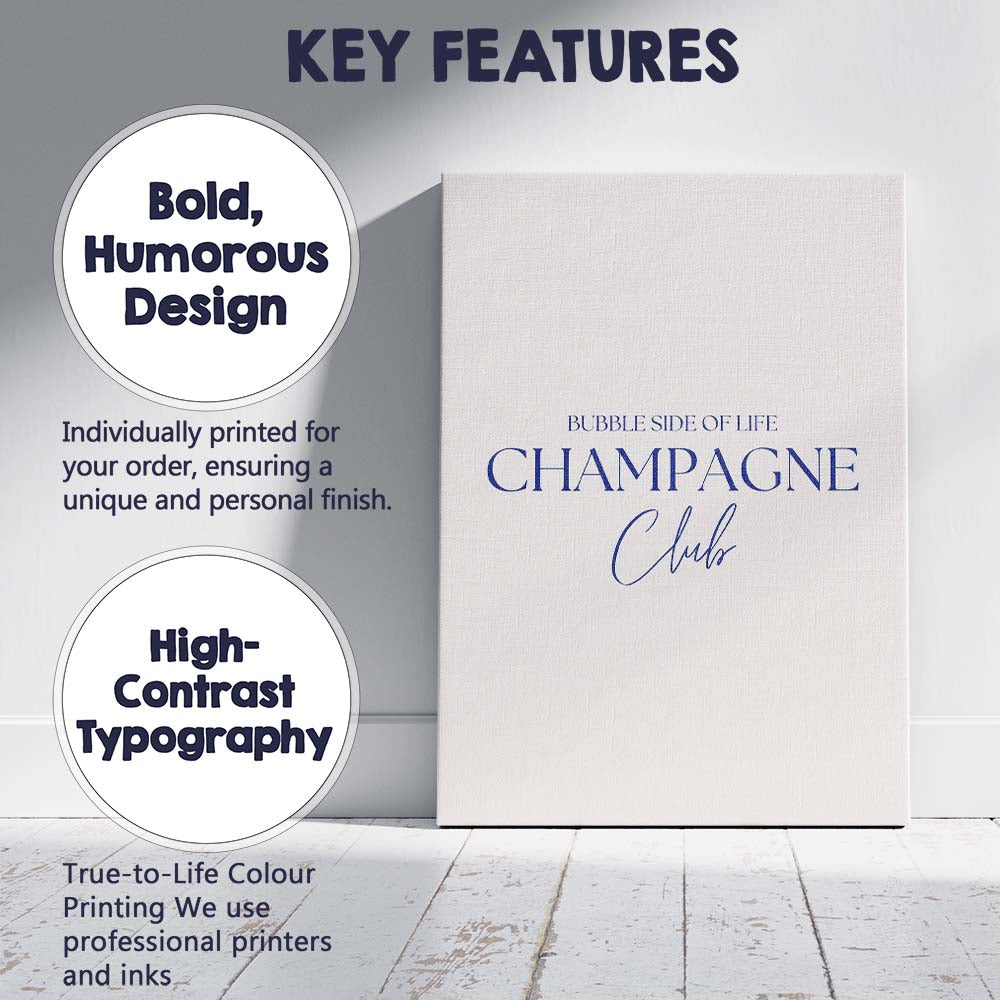Bubble Side Of Life Champagne Club Elegant Typography Canvas Wall Art Print Decor Picture Ready to Hang