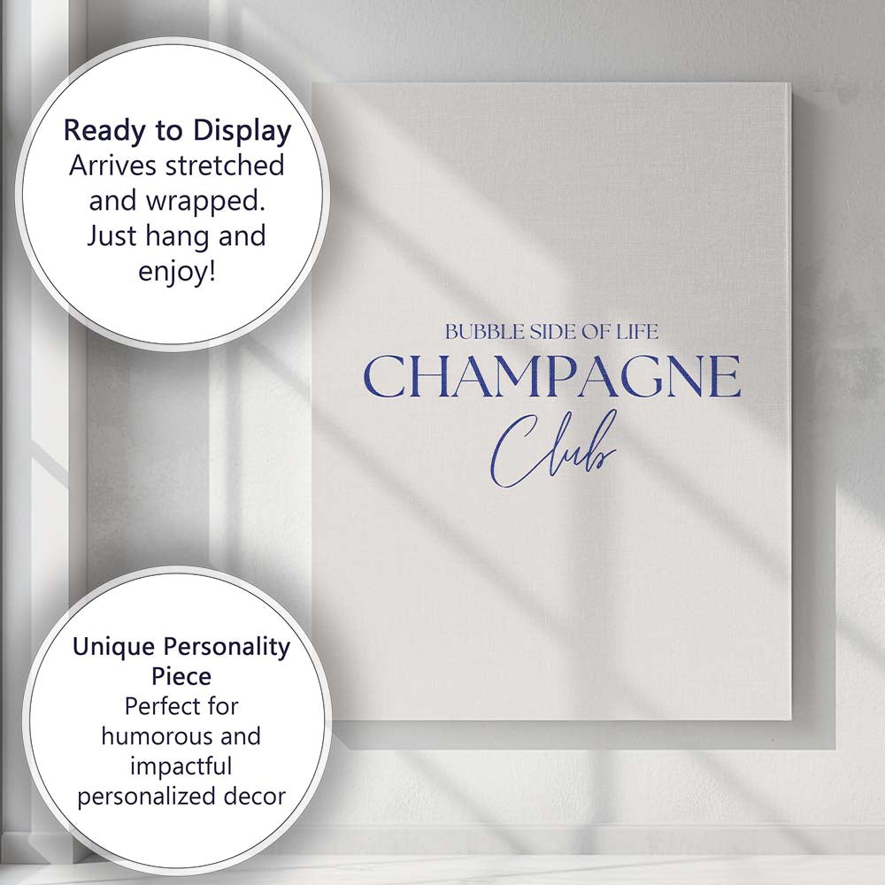 Bubble Side Of Life Champagne Club Elegant Typography Canvas Wall Art Print Decor Picture Ready to Hang
