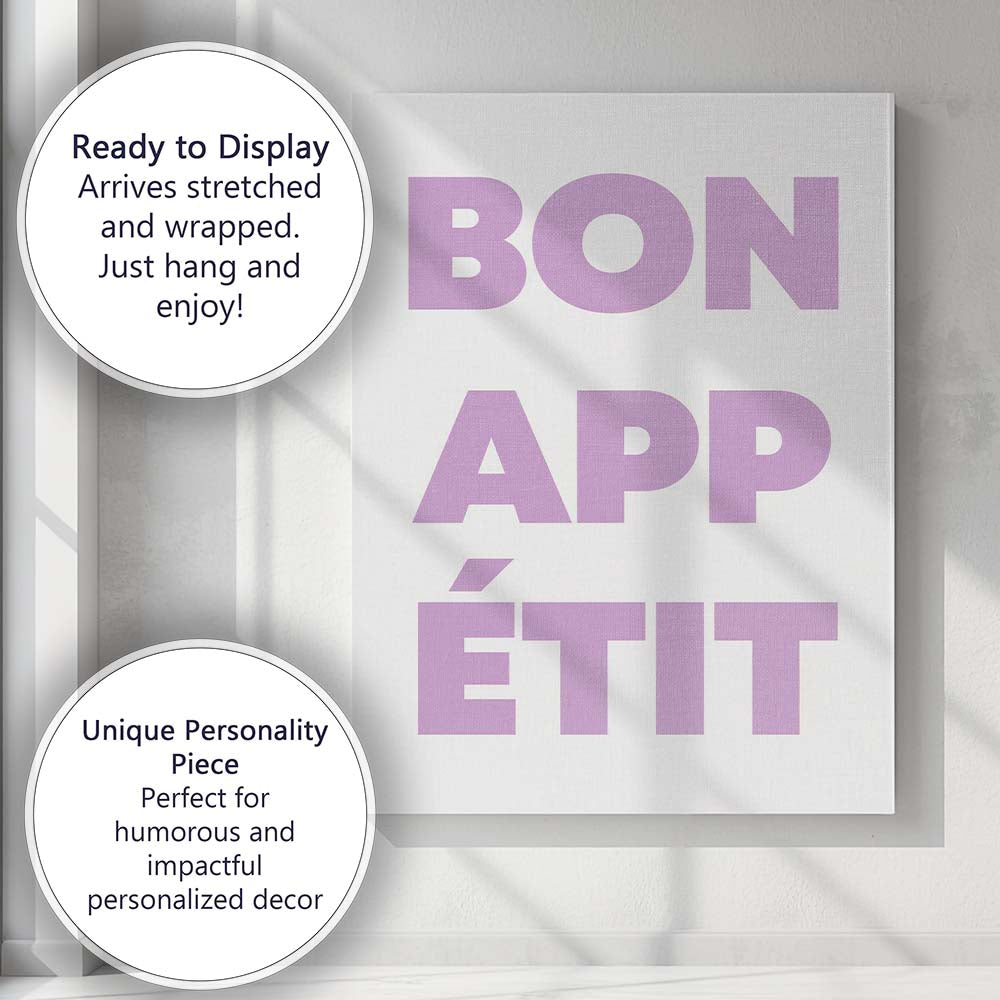 Minimalist Bon Appetit Pastel Purple Typography Kitchen Quote Canvas Wall Art Print Decor Picture Ready to Hang