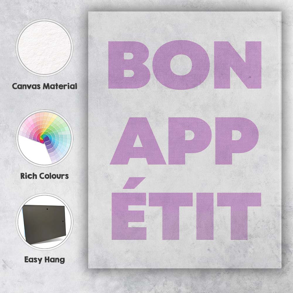 Minimalist Bon Appetit Pastel Purple Typography Kitchen Quote Canvas Wall Art Print Decor Picture Ready to Hang