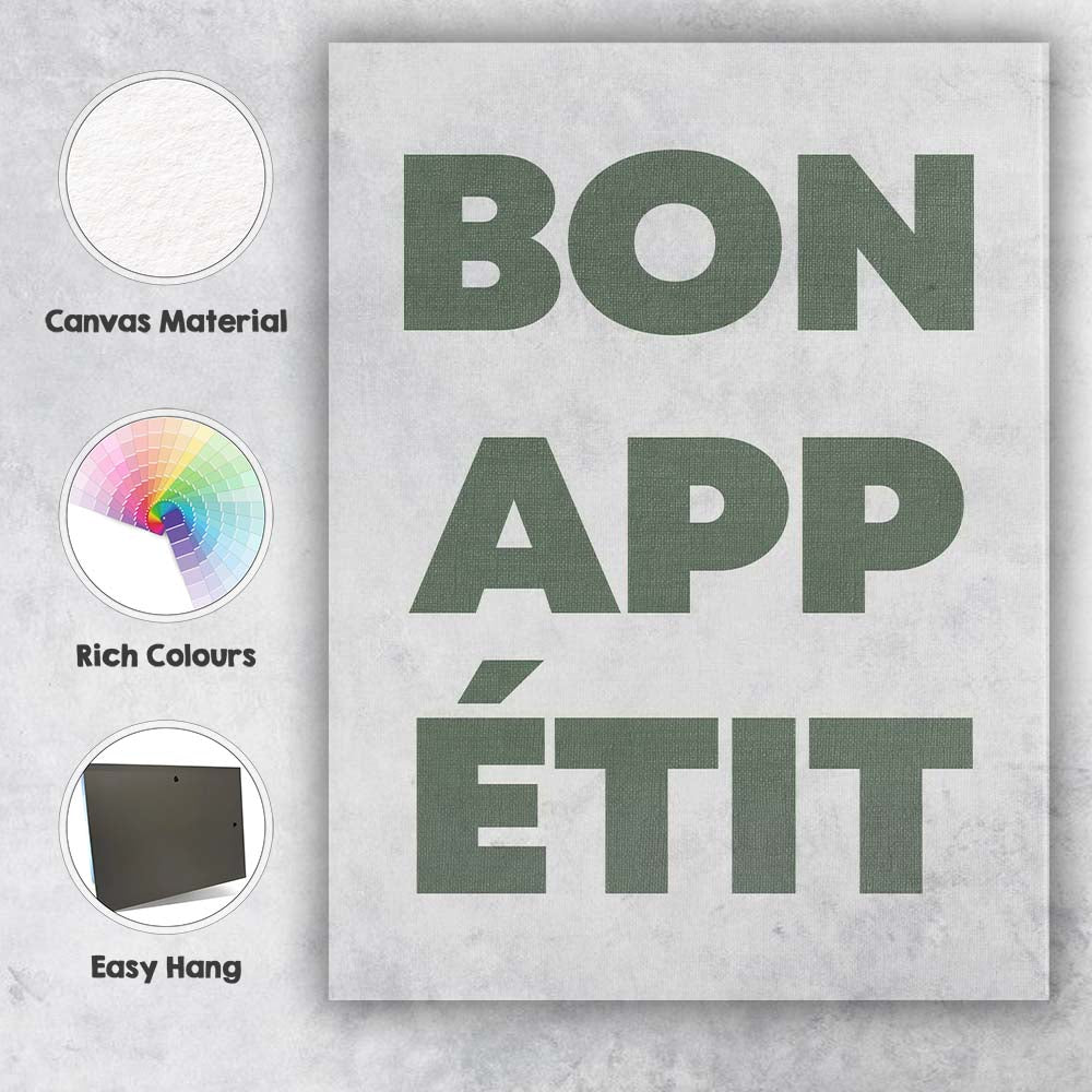 Minimalist Bon Appetit Sage Green Typography Kitchen Quote Canvas Wall Art Print Decor Picture Ready to Hang