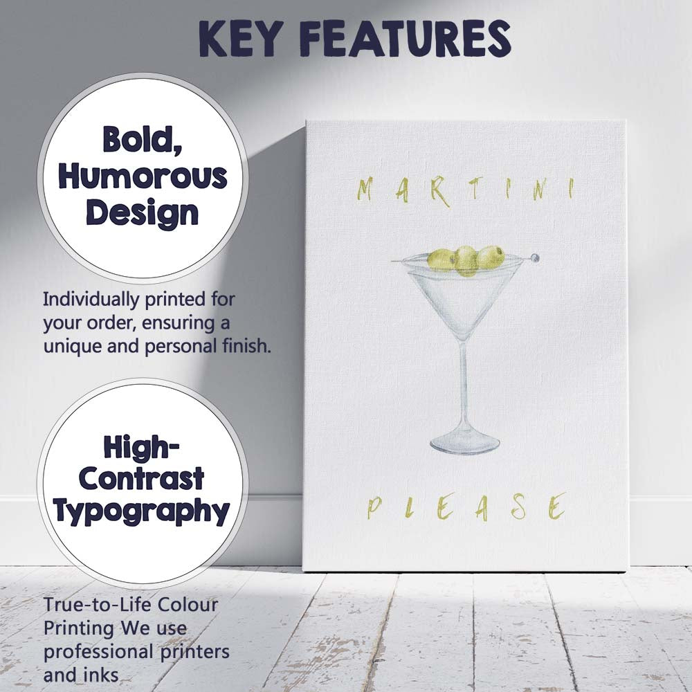 Watercolour Martini Cocktail Olive Glass Minimalist Bar Art Canvas Wall Art Print Decor Picture Ready to Hang