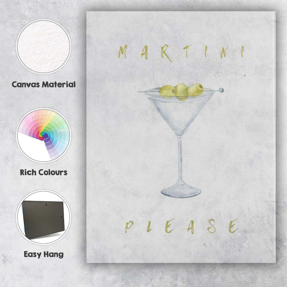Watercolour Martini Cocktail Olive Glass Minimalist Bar Art Canvas Wall Art Print Decor Picture Ready to Hang