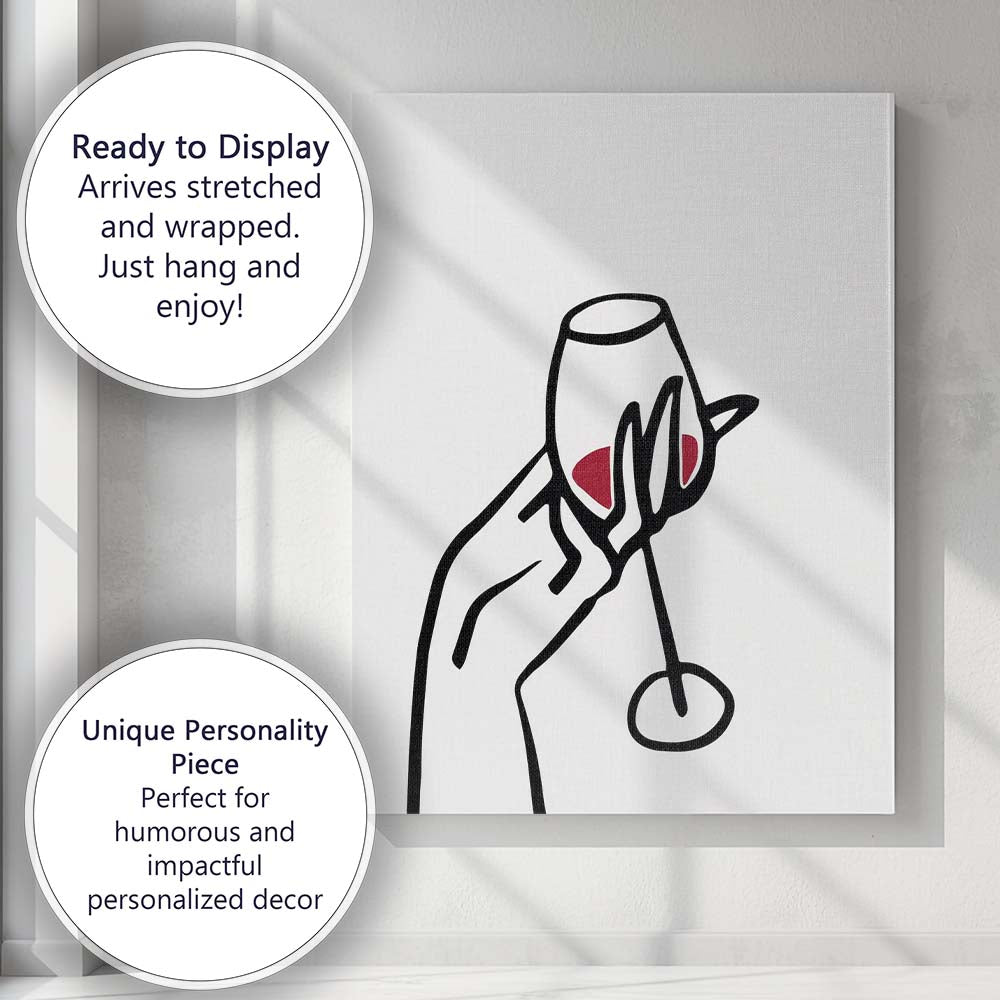 Minimalist Hand Holding Red Wine Glass Line Drawing Canvas Wall Art Print Decor Picture Ready to Hang
