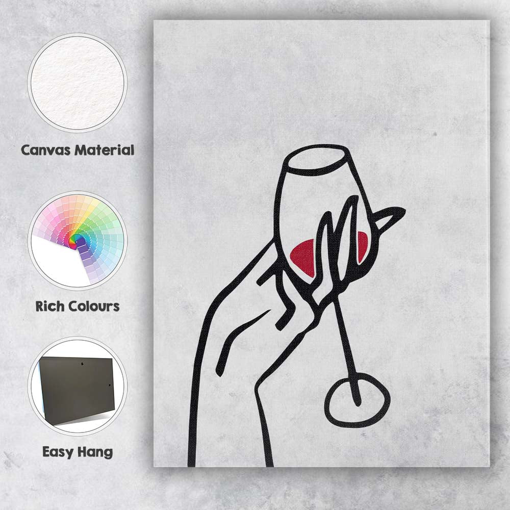 Minimalist Hand Holding Red Wine Glass Line Drawing Canvas Wall Art Print Decor Picture Ready to Hang