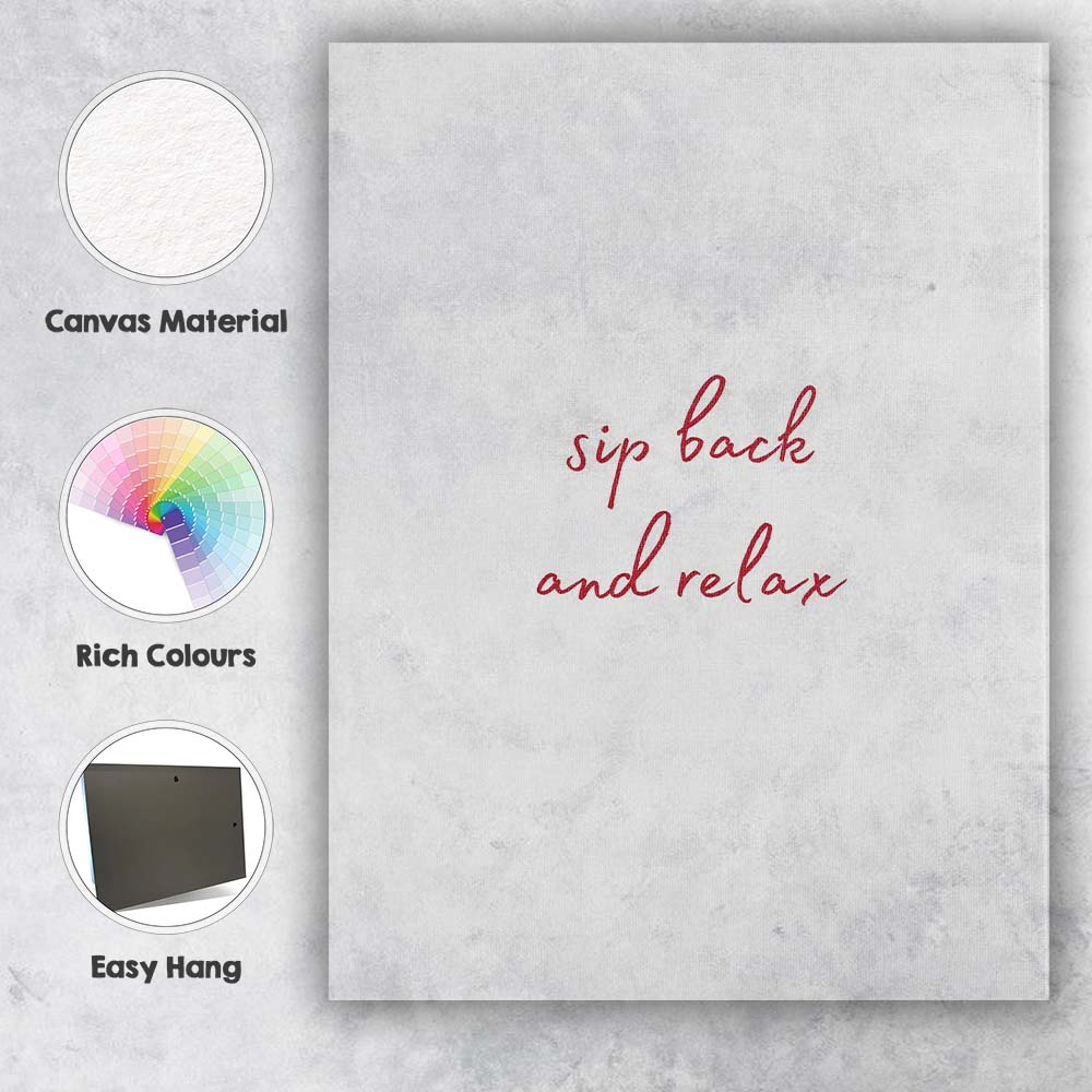 Minimalist Sip Back And Relax Red Script Quote Canvas Wall Art Print Decor Picture Ready to Hang