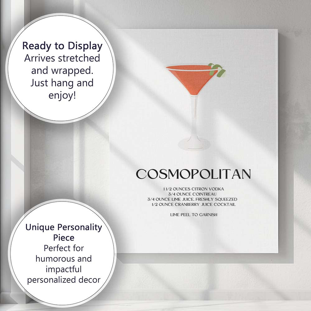 Minimalist Cosmopolitan Cocktail Recipe Kitchen Bar Print Canvas Wall Art Print Decor Picture Ready to Hang