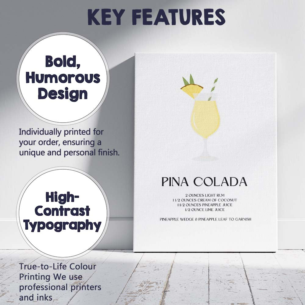 Minimalist Pina Colada Cocktail Recipe Tropical Drink Illustration Canvas Wall Art Print Decor Picture Ready to Hang