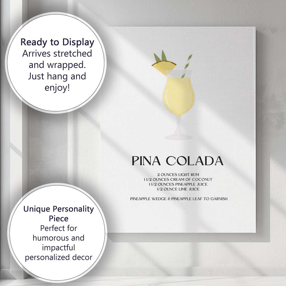 Minimalist Pina Colada Cocktail Recipe Tropical Drink Illustration Canvas Wall Art Print Decor Picture Ready to Hang