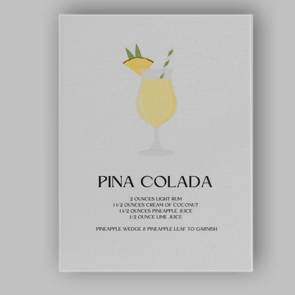 Minimalist Pina Colada Cocktail Recipe Tropical Drink Illustration Canvas Wall Art Print Decor Picture Ready to Hang