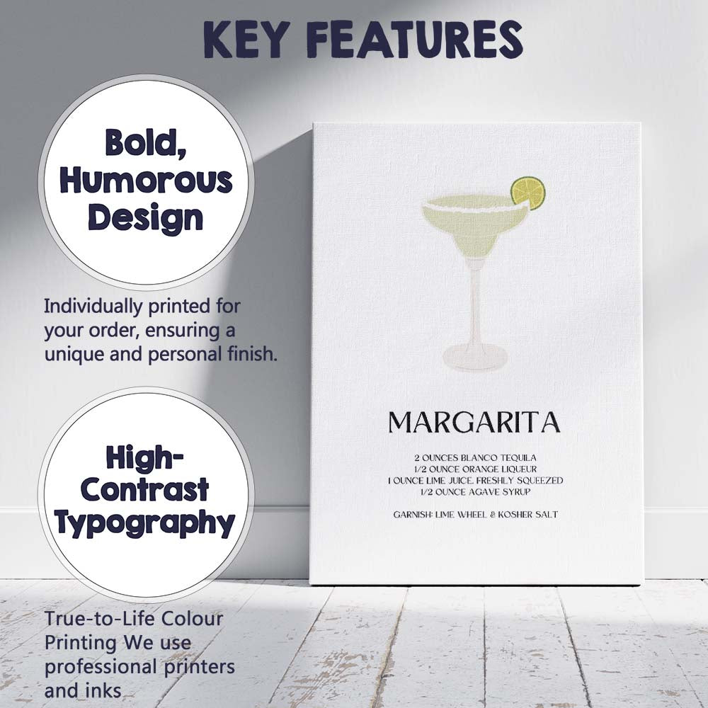 Minimalist Margarita Cocktail Recipe Tequila Bar Print Canvas Wall Art Print Decor Picture Ready to Hang