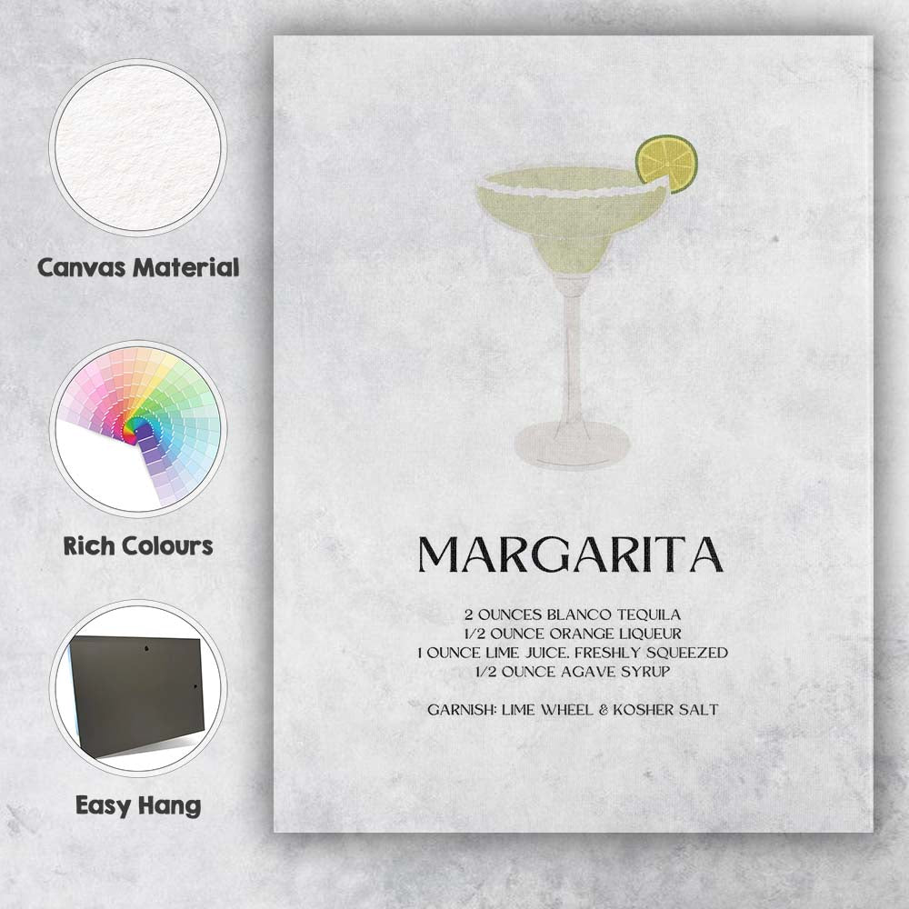 Minimalist Margarita Cocktail Recipe Tequila Bar Print Canvas Wall Art Print Decor Picture Ready to Hang