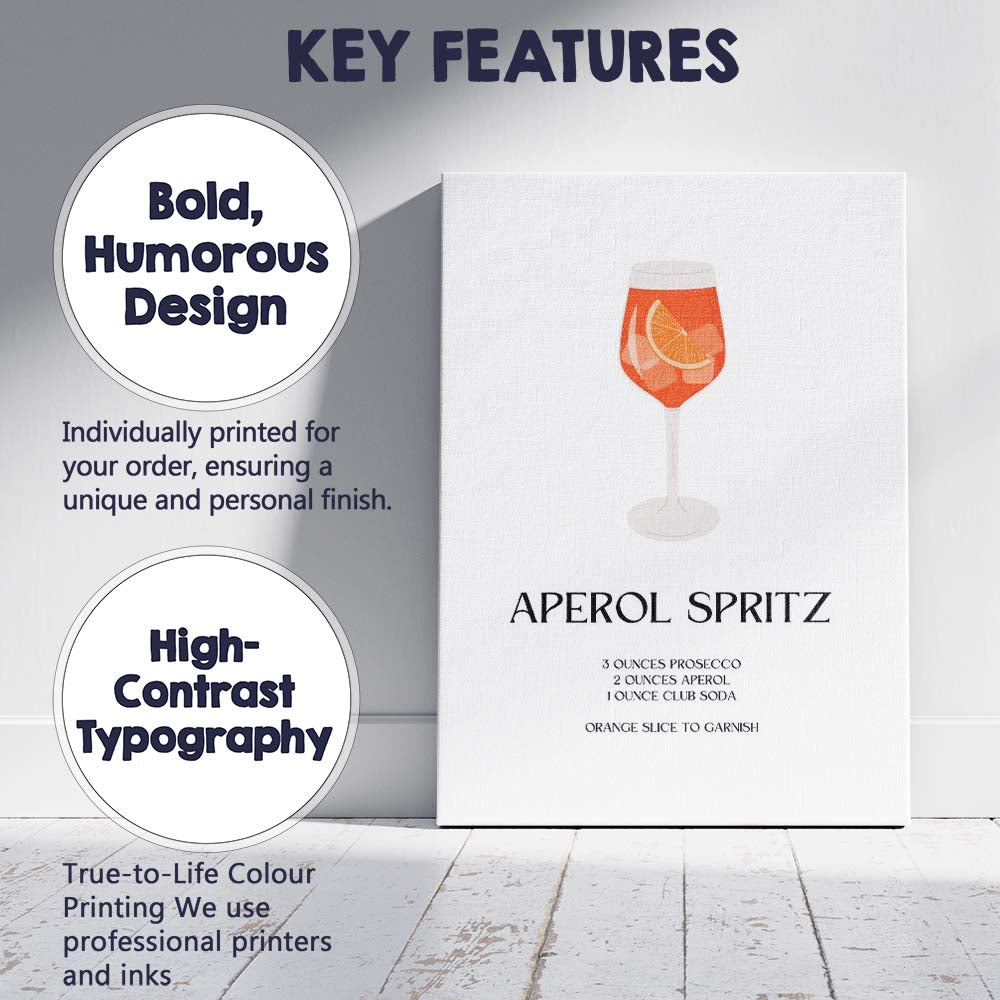 Minimalist Aperol Spritz Cocktail Recipe Italian Aperitif Bar Print Canvas Wall Art Print Decor Picture Ready to Hang