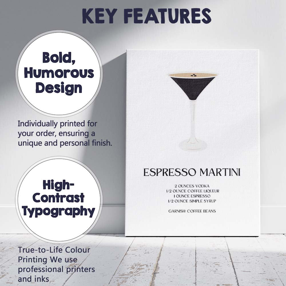 Minimalist Espresso Martini Cocktail Recipe Coffee Bar Print Canvas Wall Art Print Decor Picture Ready to Hang