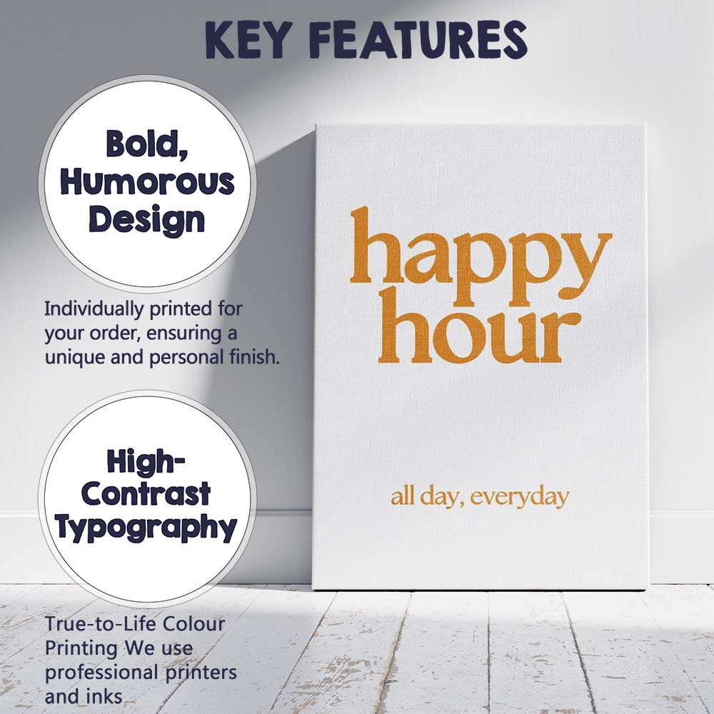 Mustard Happy Hour Typography Minimalist Quote Canvas Wall Art Print Decor Picture Ready to Hang